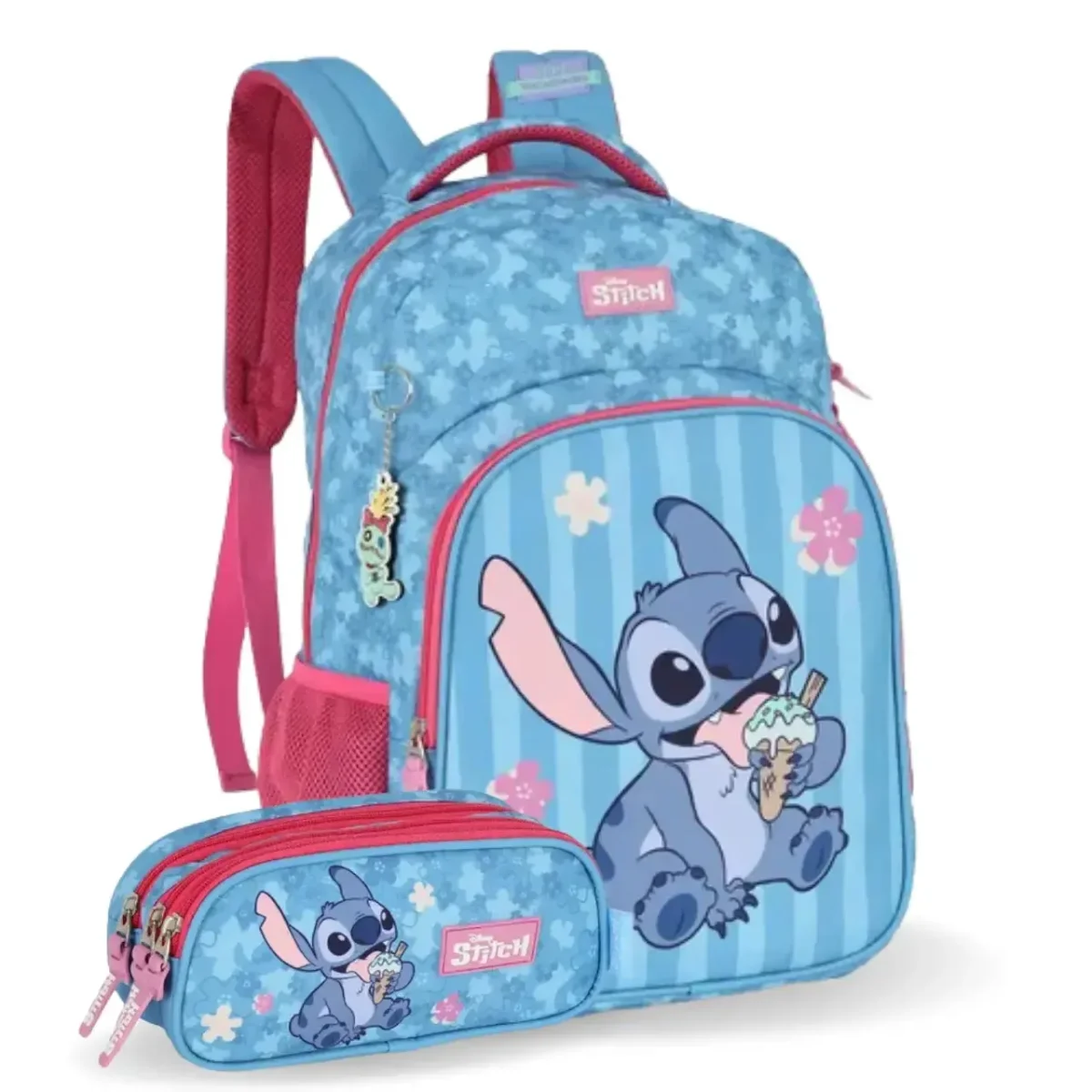 Mochila de Costas Stitch Azul e Pink com Bolso Frontal e Estojo Triplo - Image 2
